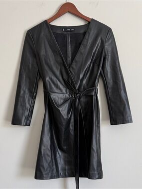 MANGO Black Faux Leather Wrap Dress XS 2  Mini Chic Minimalist Edgy Festival 90s
